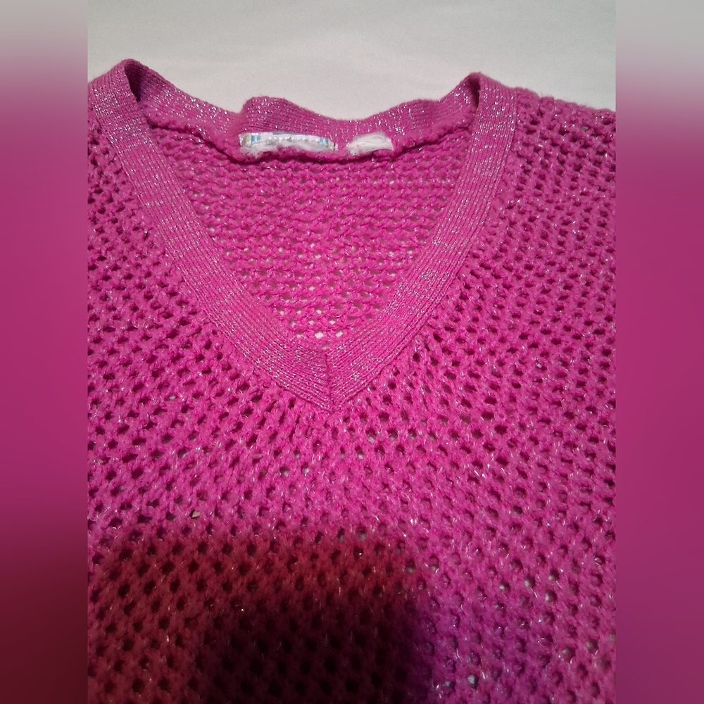 Hot Pink Crochet Glitter Fringe Poncho Shrug - Mermaidcore Festival Boho Mesh - Picture 6 of 8